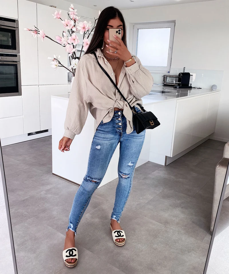 Oversize Musselin Bluse Freya Beige Kurz