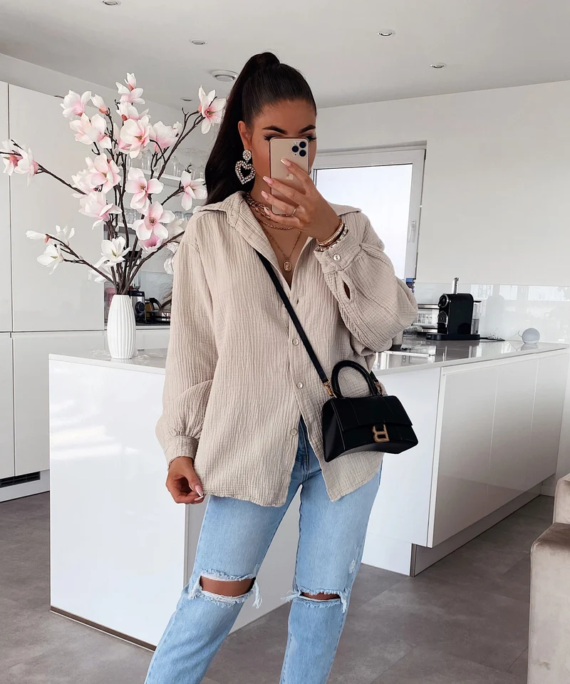 Oversize Musselin Bluse Freya Beige Kurz