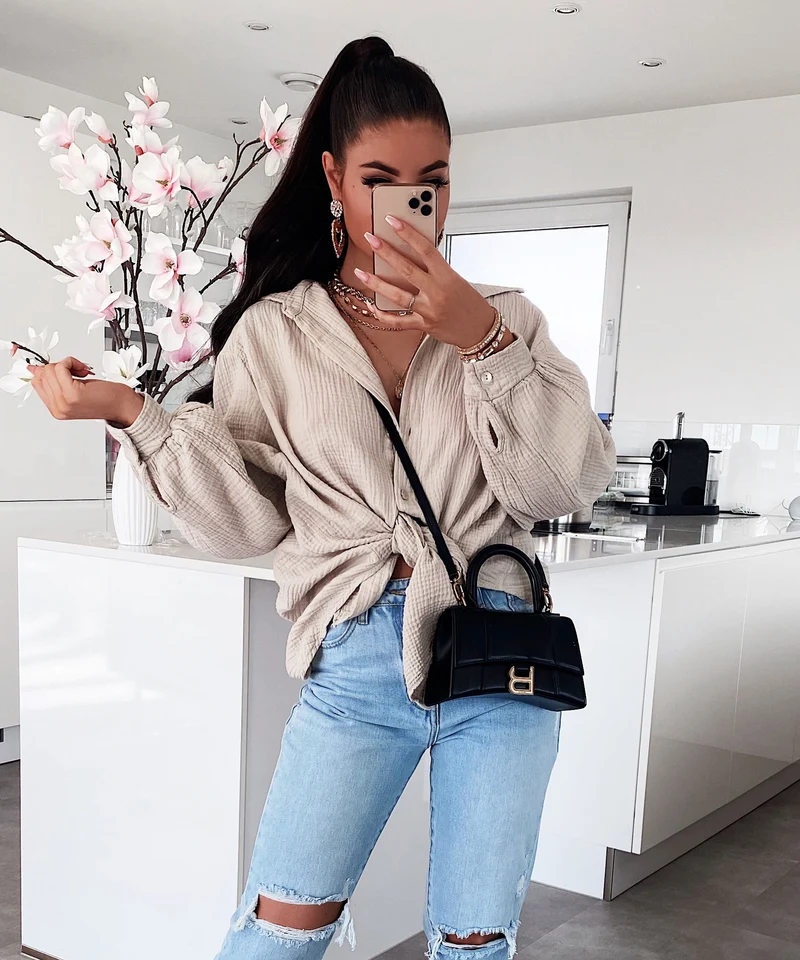 Oversize Musselin Bluse Freya Beige Kurz
