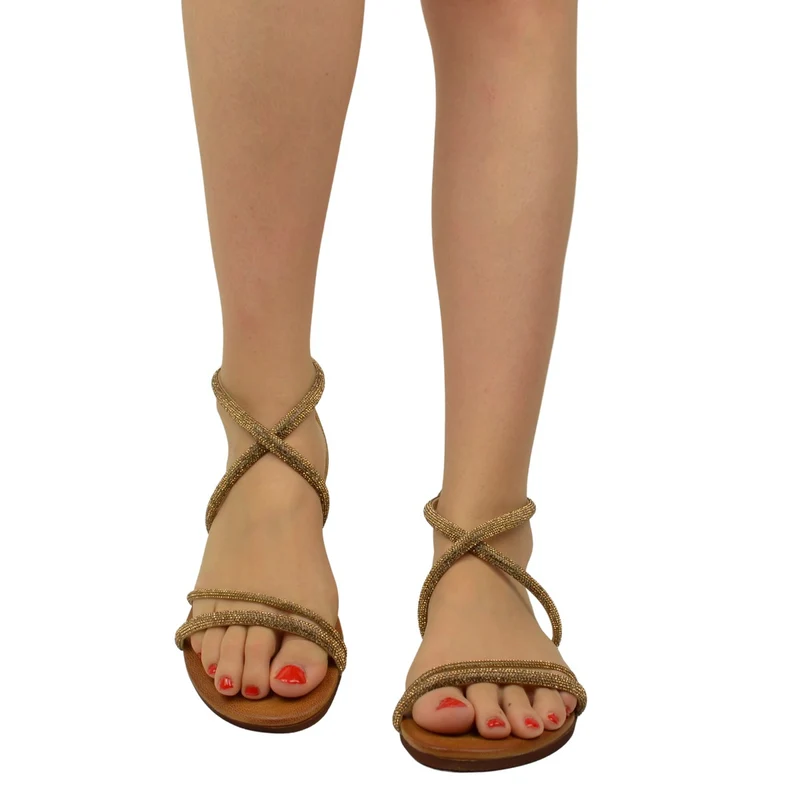 Sandali Donna Dorati in Pelle Scamosciata con Strass Made in Italy