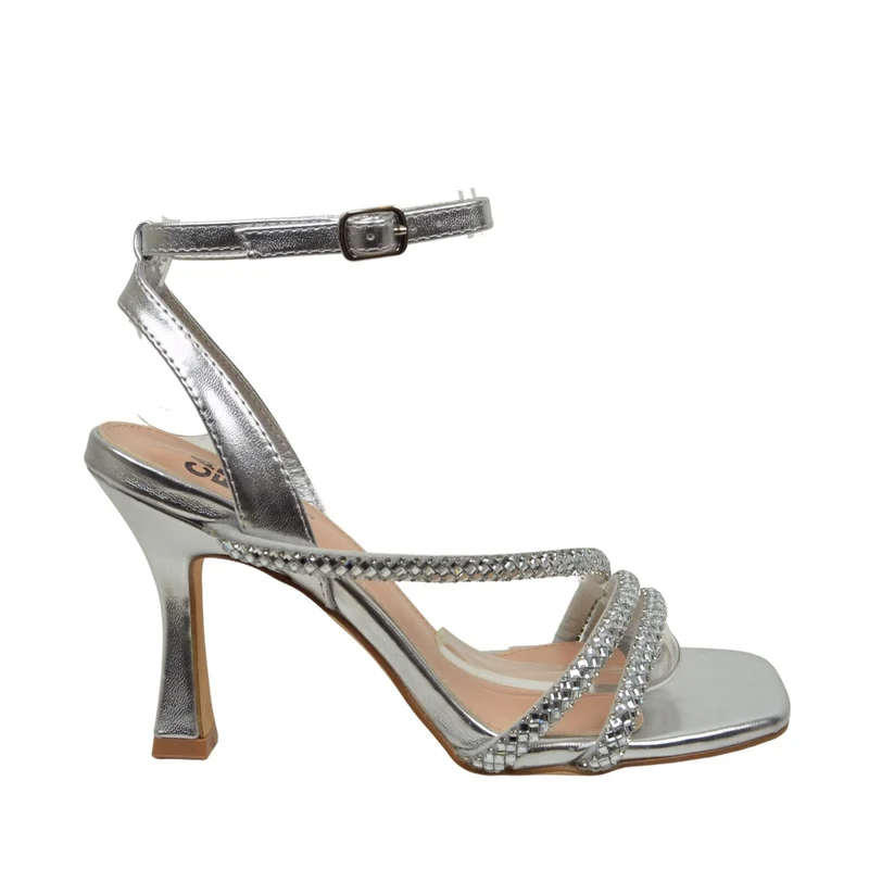 Sandali Donna Argento con Strass e Tacco Alto