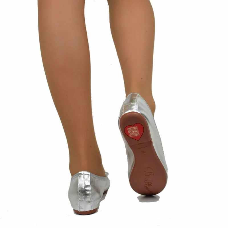 Ballerine in Nappa Argento Elasticizzate con Zeppetta interna