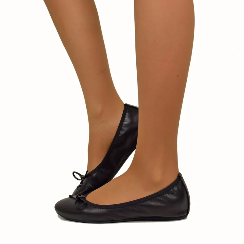 Ballerine in Nappa Nere Elasticizzate con Zeppetta interna