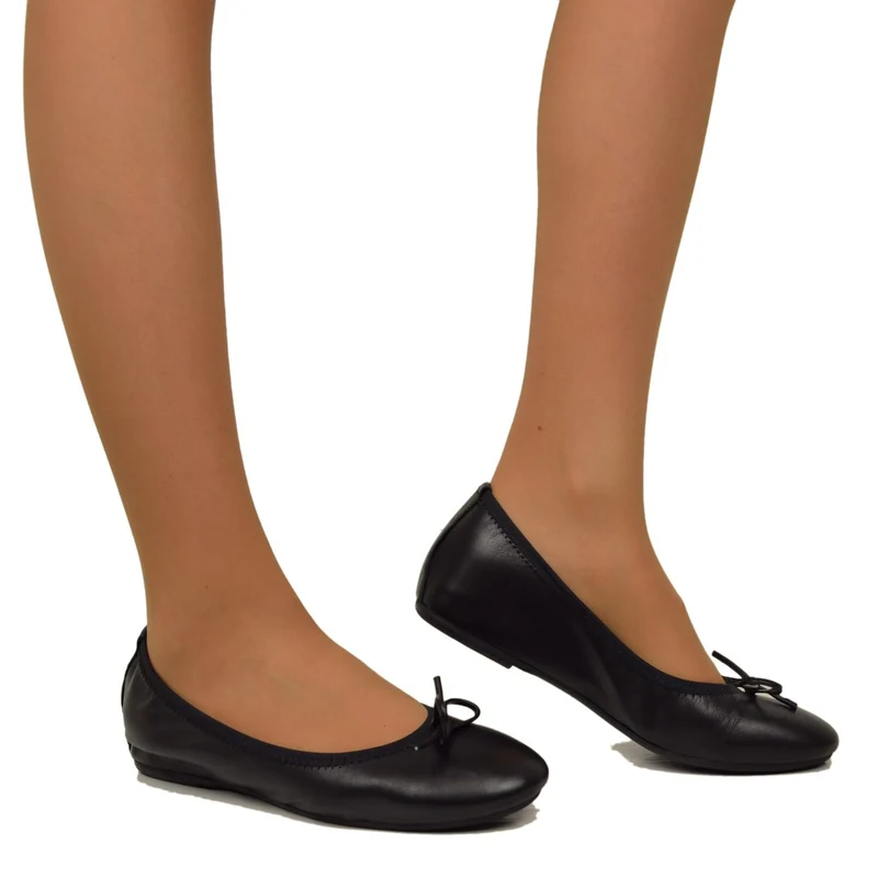 Ballerine in Nappa Nere Elasticizzate con Zeppetta interna