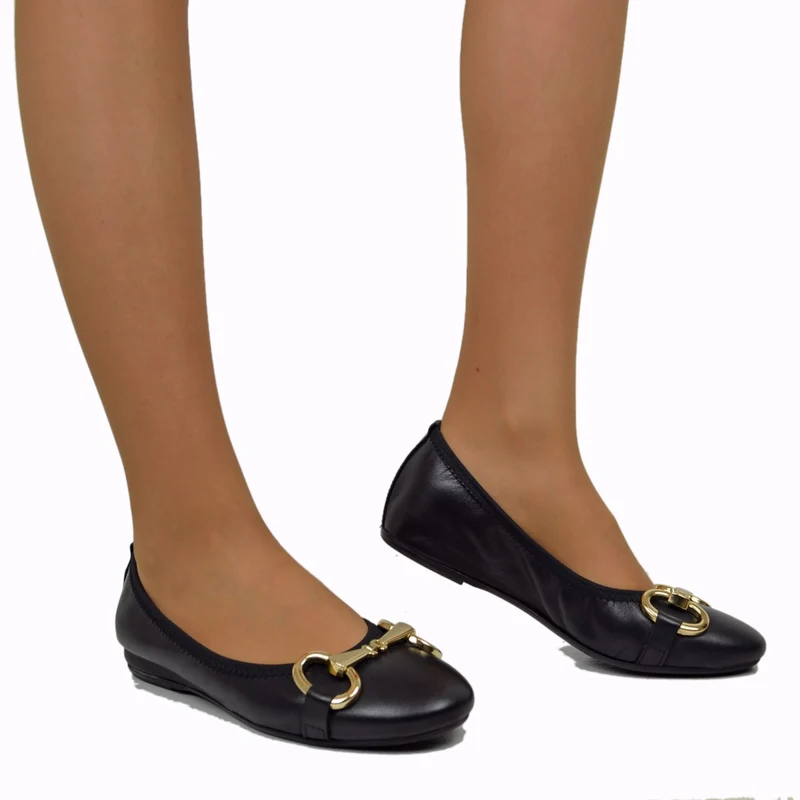 Ballerine in Nappa Nere Elasticizzate con Morsetto Made in italy