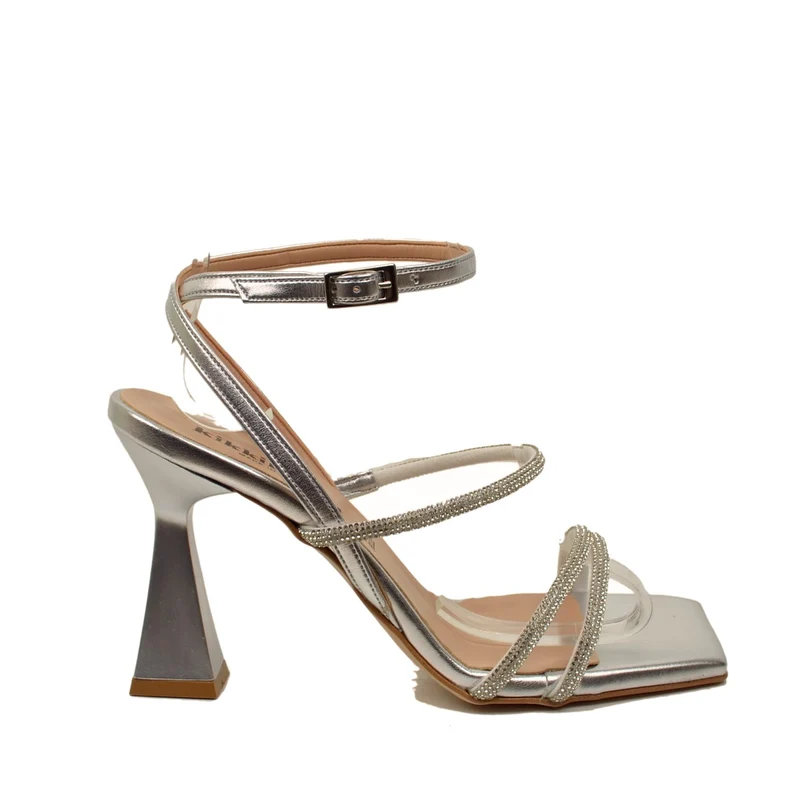 Sandali Donna Argento Eleganti con Strass e Punta Squadrata
