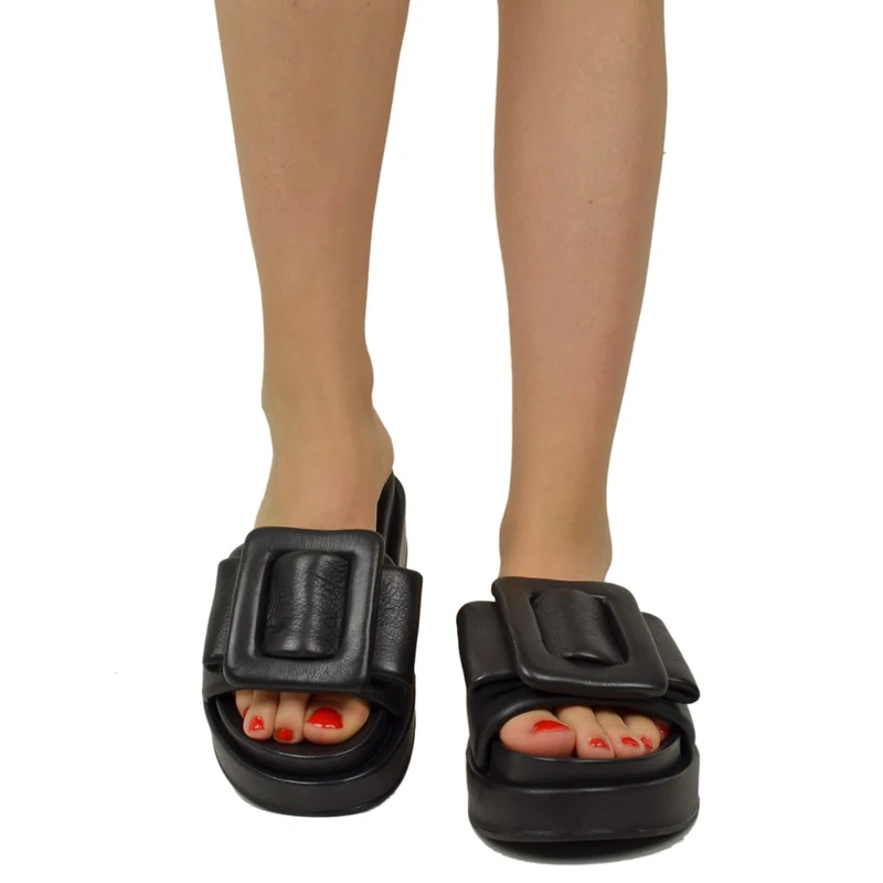 Ciabattone Donna Platform con Fiocco Nere in Pelle