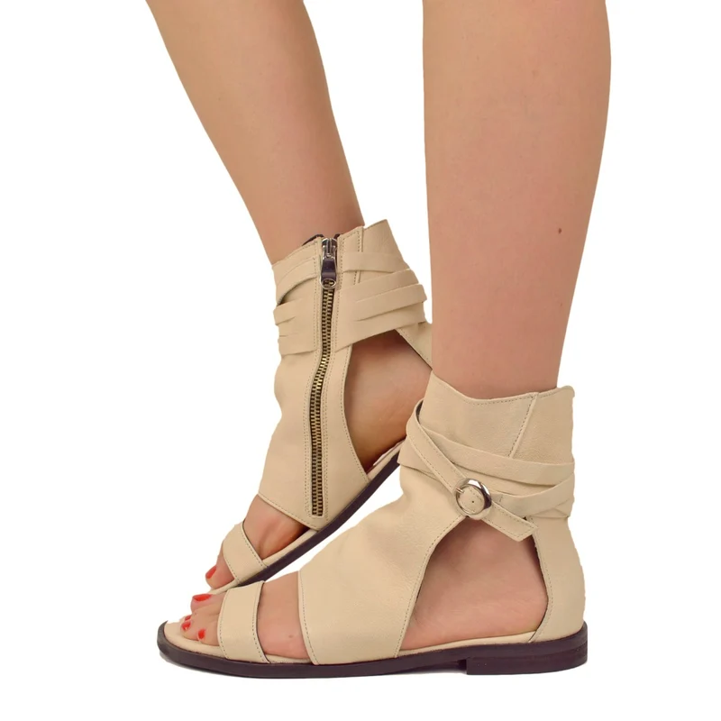 Sandali a Stivaletto Donna Bianchi in Pelle con Fibbia e Zip