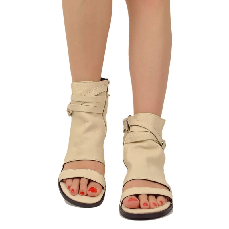 Sandali a Stivaletto Donna Bianchi in Pelle con Fibbia e Zip