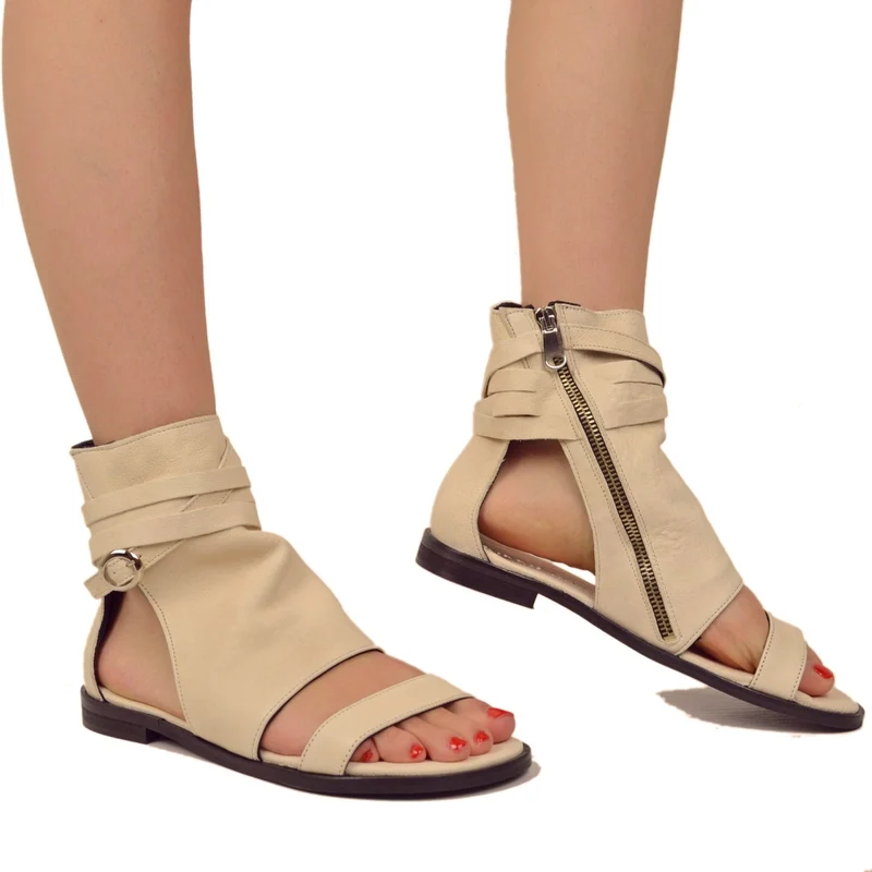 Sandali a Stivaletto Donna Bianchi in Pelle con Fibbia e Zip