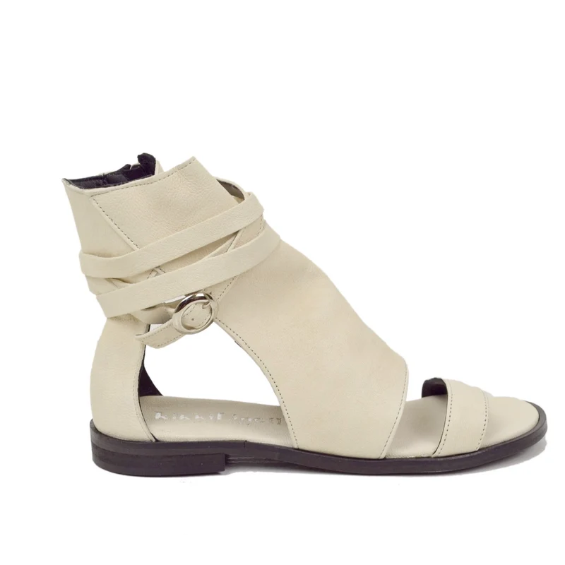 Sandali a Stivaletto Donna Bianchi in Pelle con Fibbia e Zip