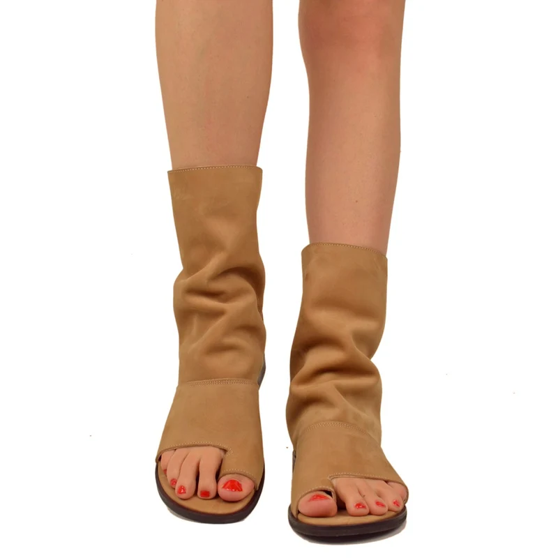 Sandali a Stivaletto Donna color Sabbia in Pelle Nabuk con Zip