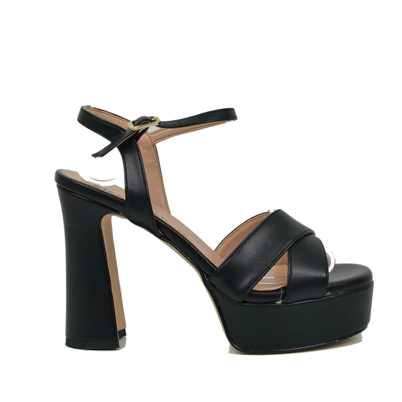 Sandali Donna in Pelle Neri con Plateau e Cinturino Regolabile