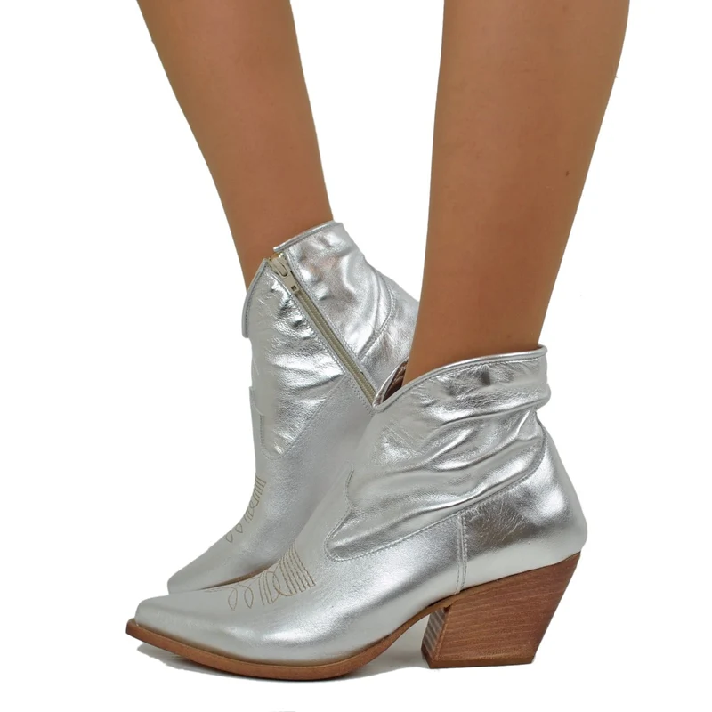 Stivaletti Texani Donna Estivi in Pelle Laminata Argento