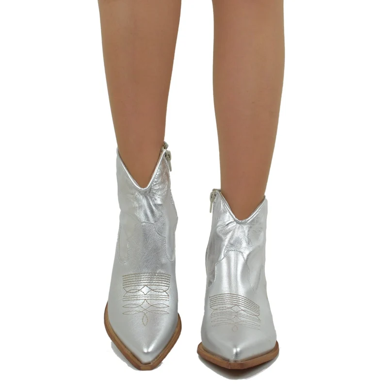 Stivaletti Texani Donna Estivi in Pelle Laminata Argento