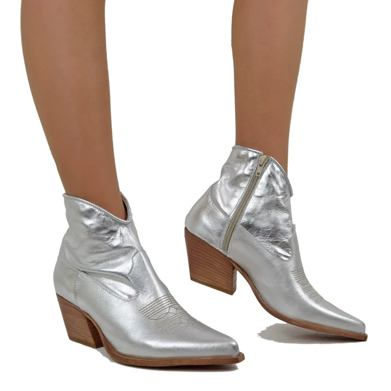 Stivaletti Texani Donna Estivi in Pelle Laminata Argento