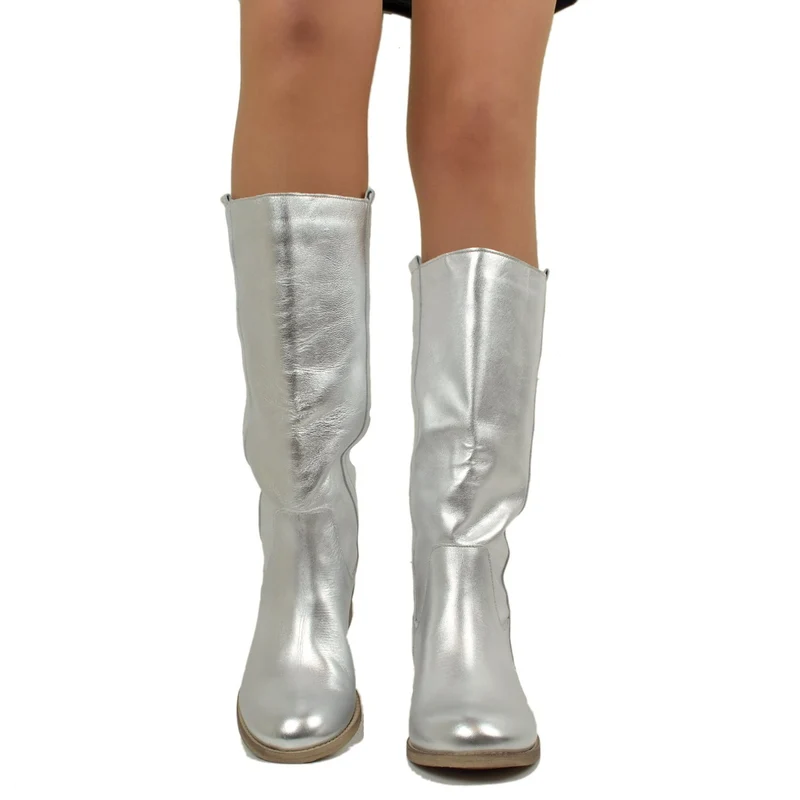 Stivali Camperos Donna in Pelle Laminata color Argento