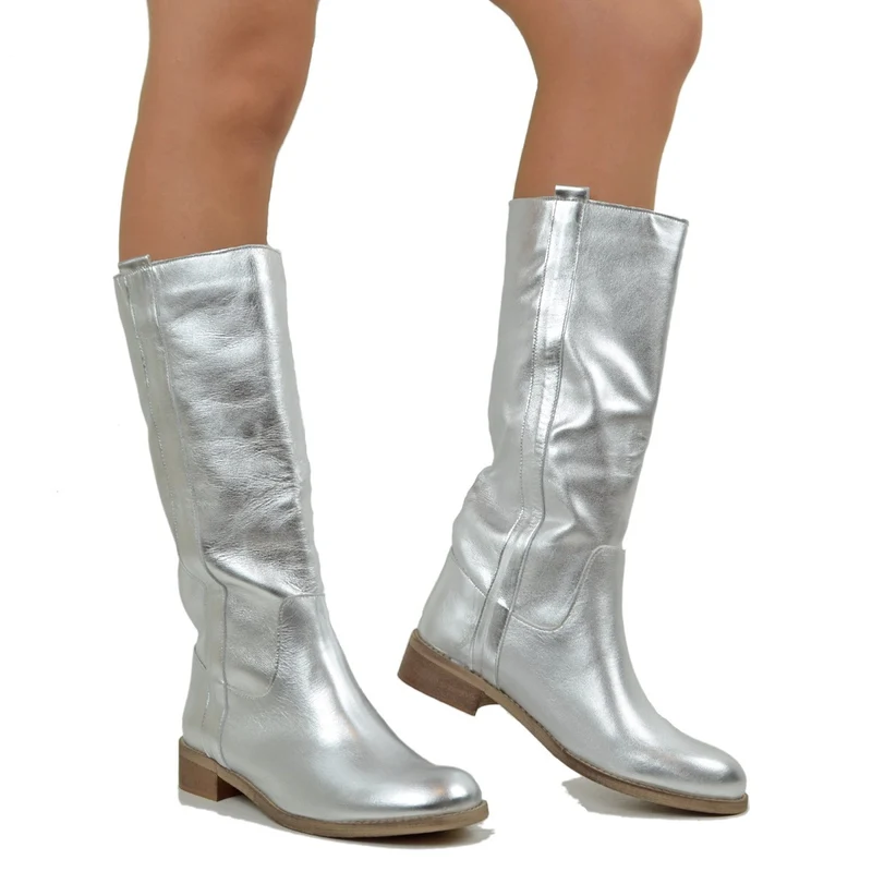 Stivali Camperos Donna in Pelle Laminata color Argento