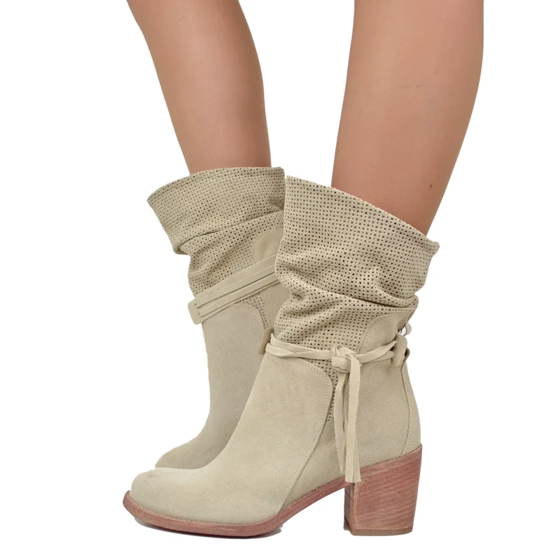 Stivaletti Donna Estivi in Pelle Beige Scamosciati Traforati