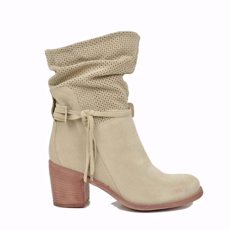 Stivaletti Donna Estivi in Pelle Beige Scamosciati Traforati