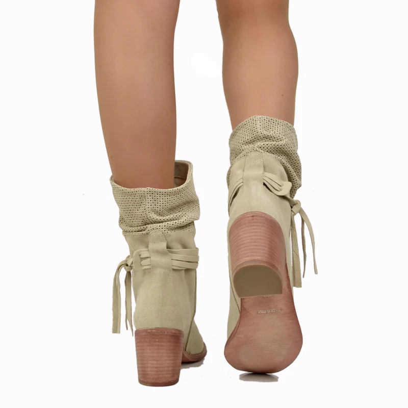 Stivaletti Donna Estivi in Pelle Beige Scamosciati Traforati