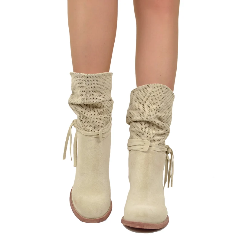 Stivaletti Donna Estivi in Pelle Beige Scamosciati Traforati