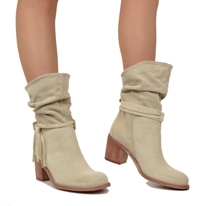 Stivaletti Donna Estivi in Pelle Beige Scamosciati Traforati
