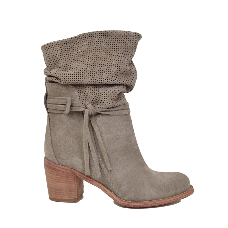 Stivaletti Donna Scamosciati in Pelle Taupe Traforati Made in Italy