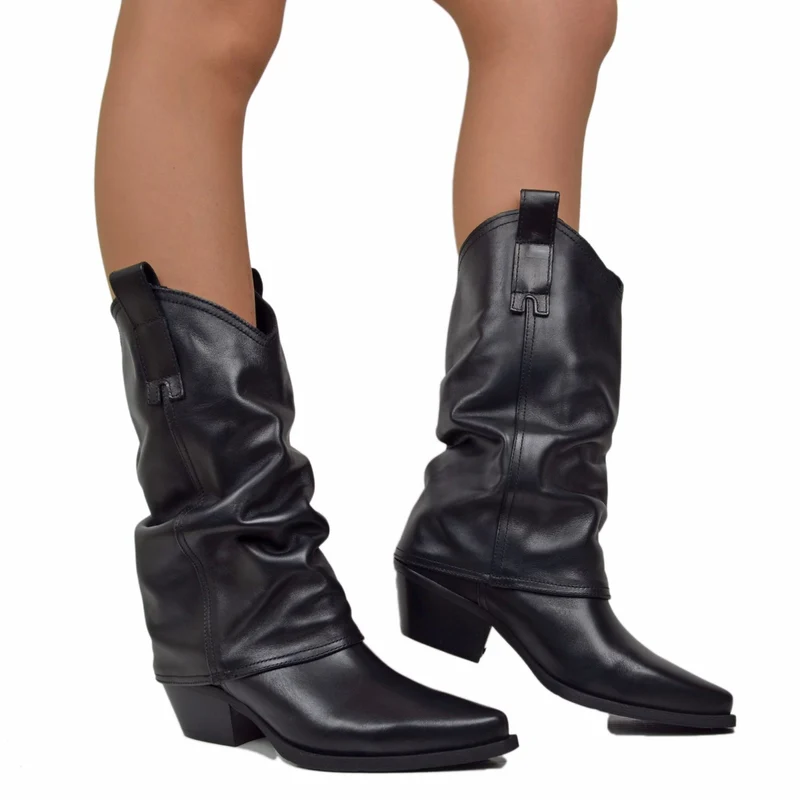 Stivali Texani Donna con Ghetta in Pelle Neri Made in Italy