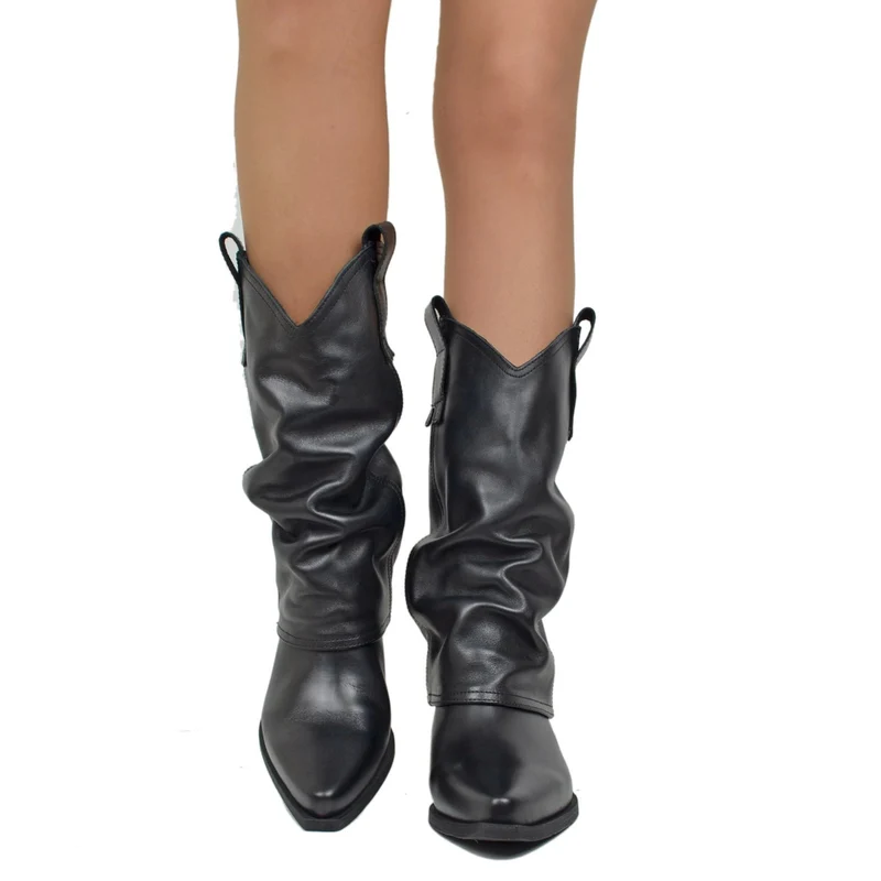 Stivali Texani Donna con Ghetta in Pelle Neri Made in Italy