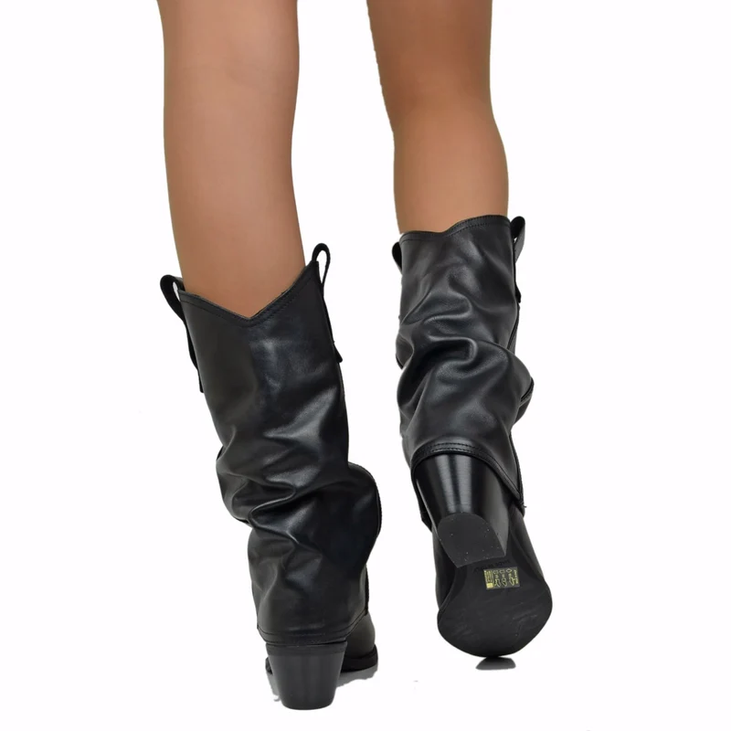 Stivali Texani Donna con Ghetta in Pelle Neri Made in Italy