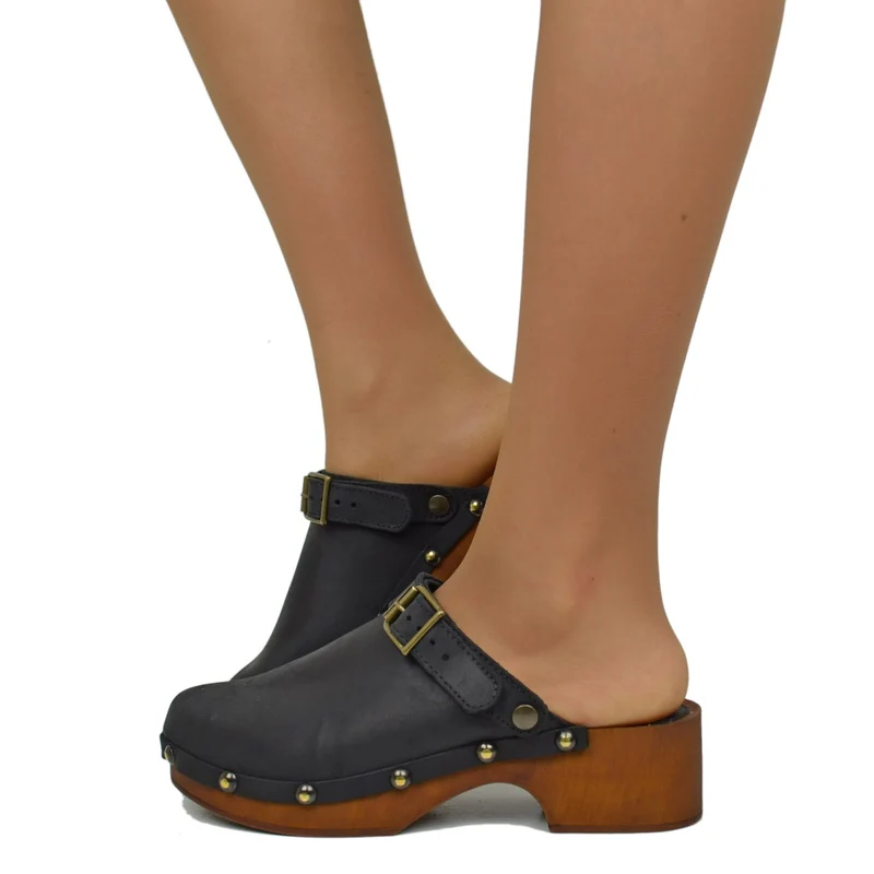 Zoccolo Donna in Pelle Ingrassata Neri Made in Italy