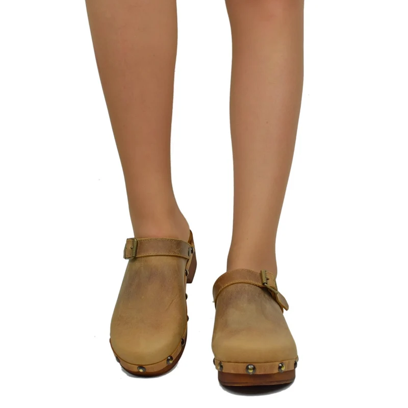 Zoccolo Donna in Pelle Ingrassata Vintage Camel Made in Italy