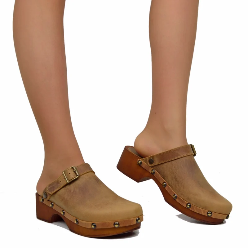 Zoccolo Donna in Pelle Ingrassata Vintage Camel Made in Italy