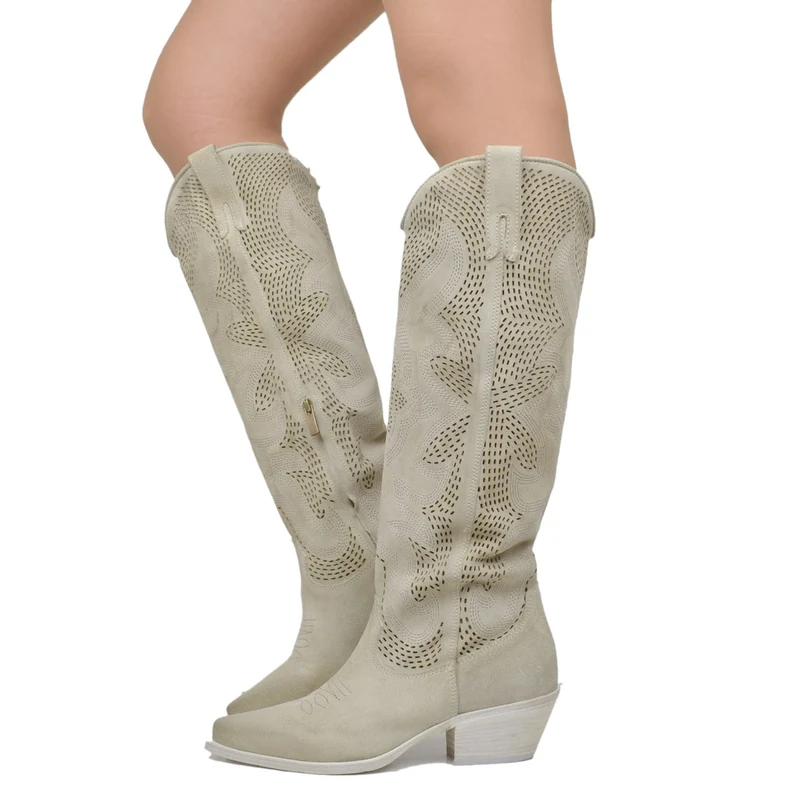 Stivali Texani Traforati in Pelle Scamosciata Beige Made in Italy