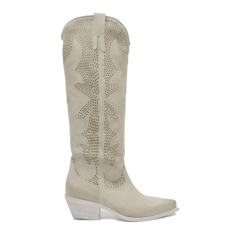 Stivali Texani Traforati in Pelle Scamosciata Beige Made in Italy