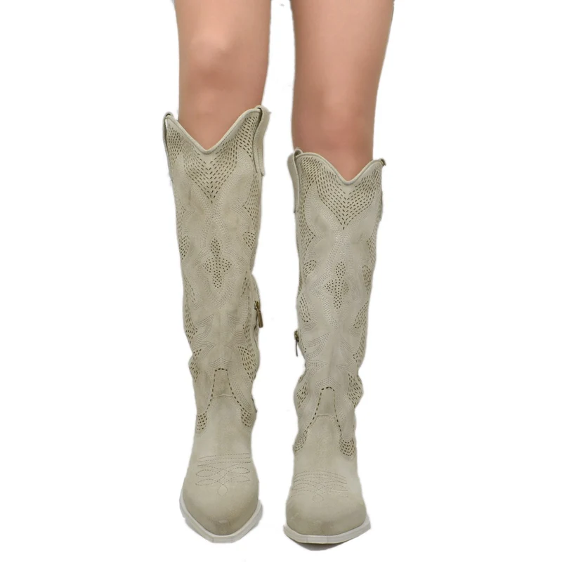 Stivali Texani Traforati in Pelle Scamosciata Beige Made in Italy