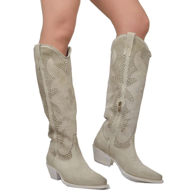 Stivali Texani Traforati in Pelle Scamosciata Beige Made in Italy