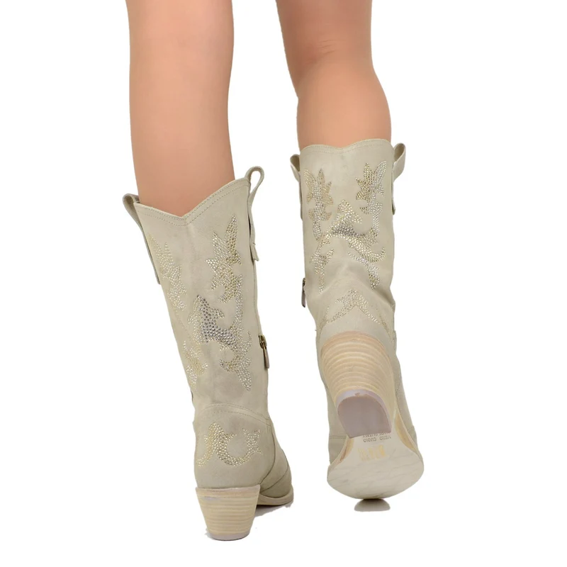 Stivali Texani Eleganti con Strass in Pelle Scamosciata Beige