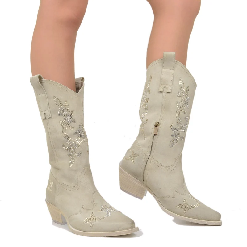 Stivali Texani Eleganti con Strass in Pelle Scamosciata Beige