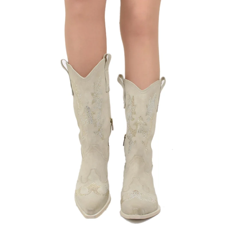 Stivali Texani Eleganti con Strass in Pelle Scamosciata Beige