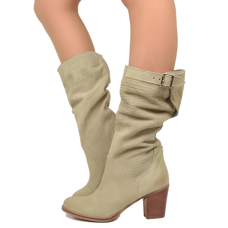 Stivali Donna Taupe con Tacco Medio in Pelle Nabuk Zigrinata