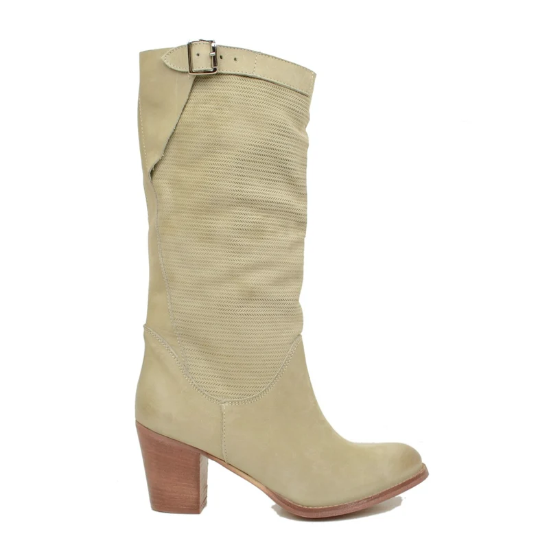 Stivali Donna Taupe con Tacco Medio in Pelle Nabuk Zigrinata