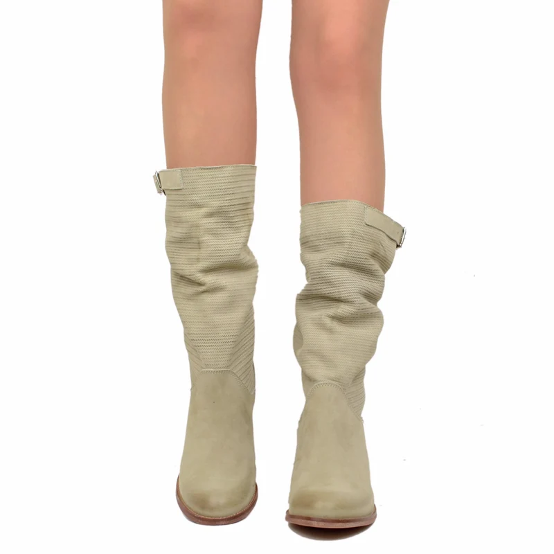 Stivali Donna Taupe con Tacco Medio in Pelle Nabuk Zigrinata