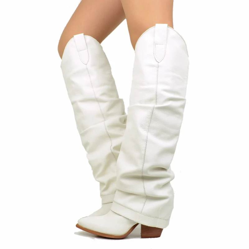 Stivali Texani Alti con Ghetta in Pelle Offwhite Made in Italy