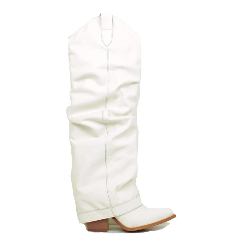 Stivali Texani Alti con Ghetta in Pelle Offwhite Made in Italy