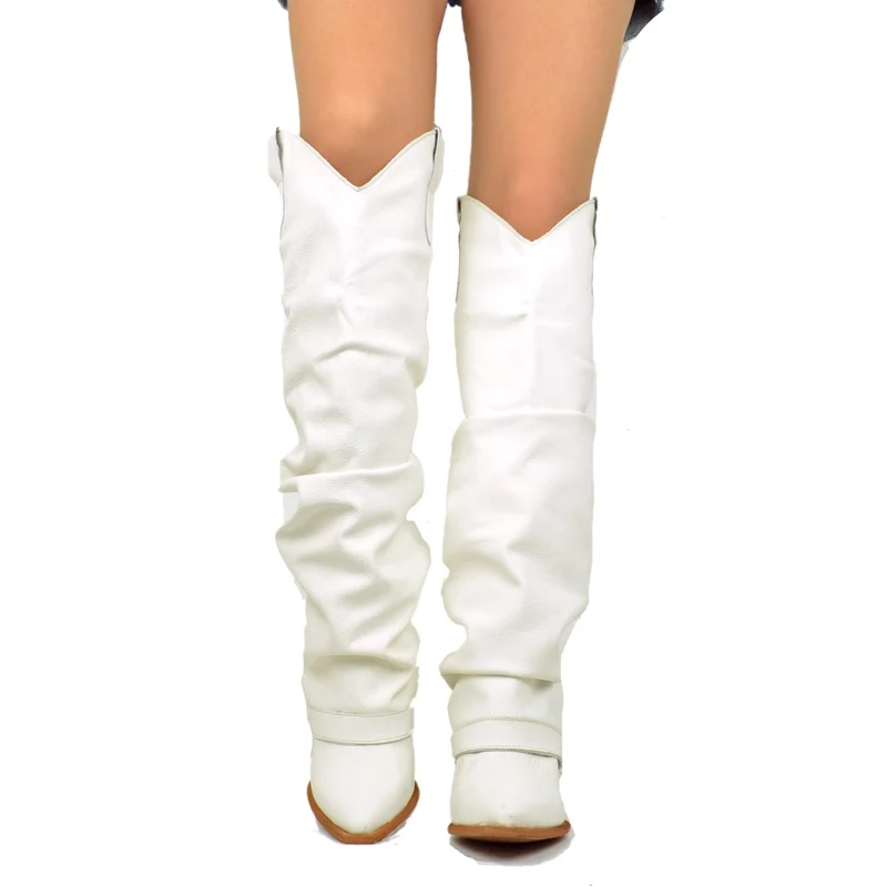 Stivali Texani Alti con Ghetta in Pelle Offwhite Made in Italy