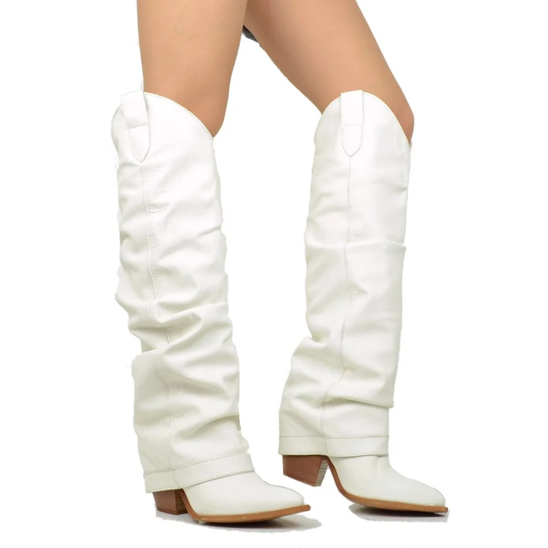 Stivali Texani Alti con Ghetta in Pelle Offwhite Made in Italy