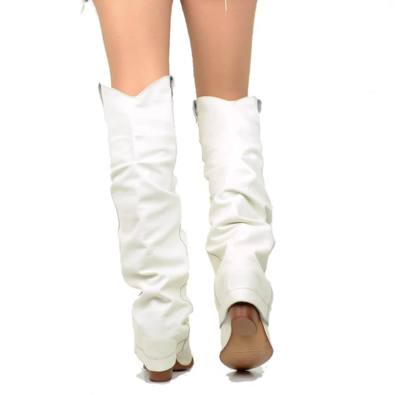 Stivali Texani Alti con Ghetta in Pelle Offwhite Made in Italy