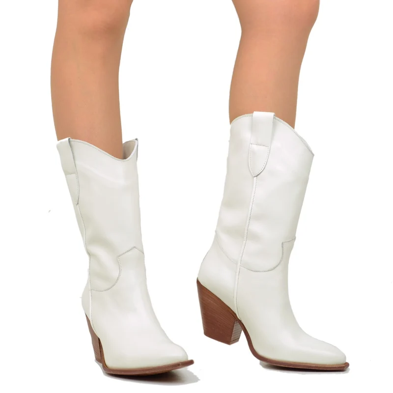 Stivali Texani in Pelle Bianca con Tacco Alto Made in Italy